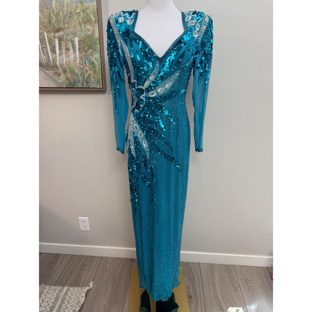 Vintage Alyce Designs 100% Silk Beaded Sequin Evening‎ Gown Dress Size 10